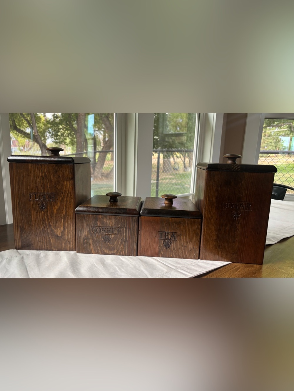 Vintage 4 Piece Wooden Canister Set Flour, Sugar,Coffee & Tea Primitive-Rustic